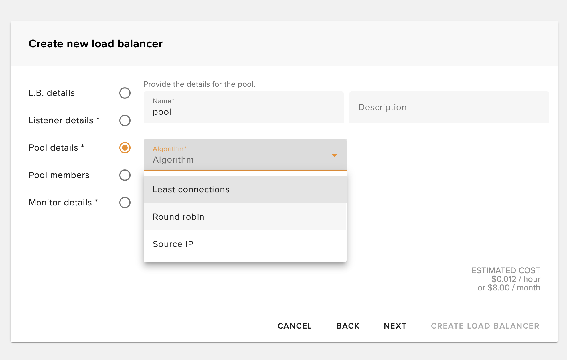 Pool details - set distribution algorithm