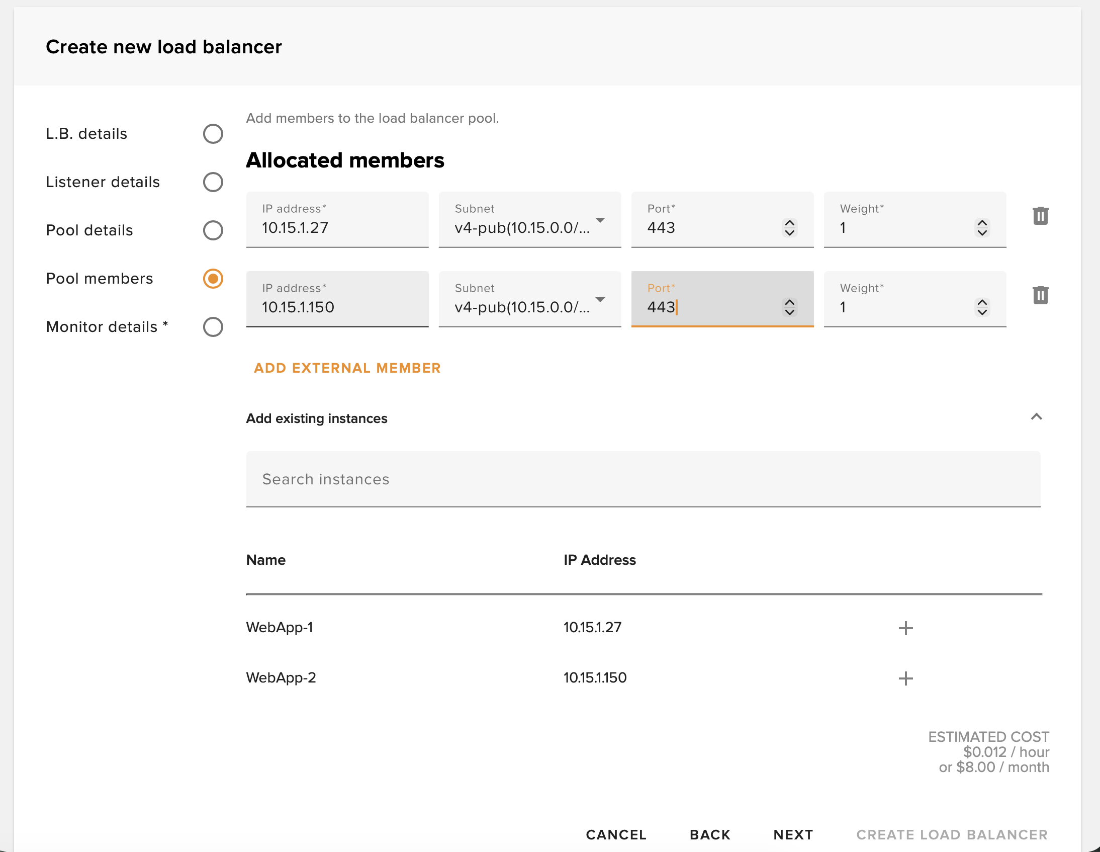 Pool members - add instances and set ports